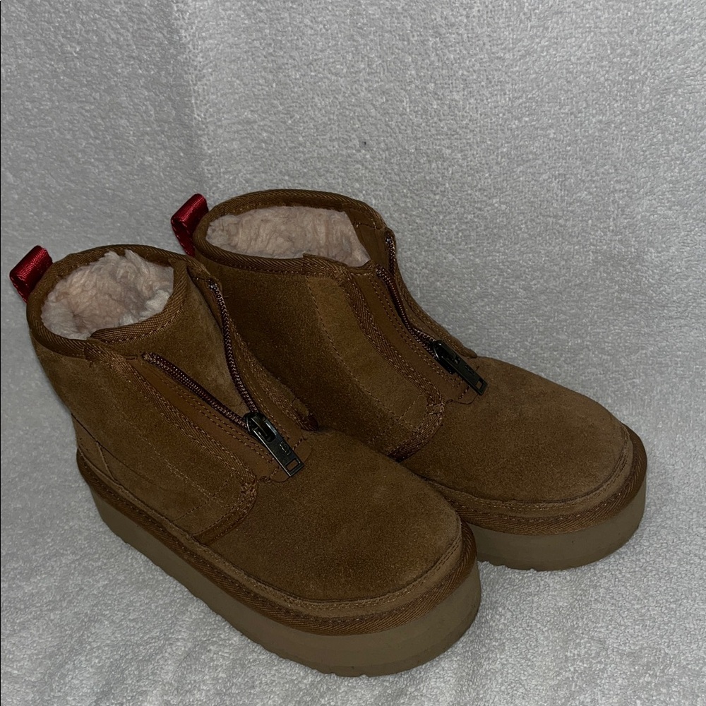 UGG Chestnut Suede Platform Boots with Red Pull Tab